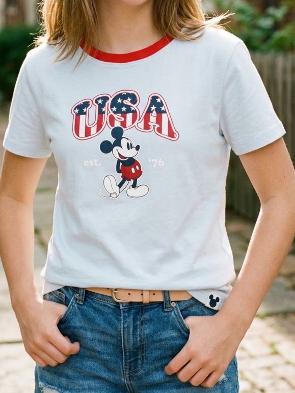 Disney White & Red Mickey USA Graphic Ringer Tee
